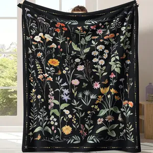Black Background Wildflower Butterfly Throw Blanket-Dark Cottagecore Floral Print Blanket,Cozy Soft Blanket with Colorful Wildflowers, Butterflies & Green Foliage, Perfect for Boho & Nature Lovers