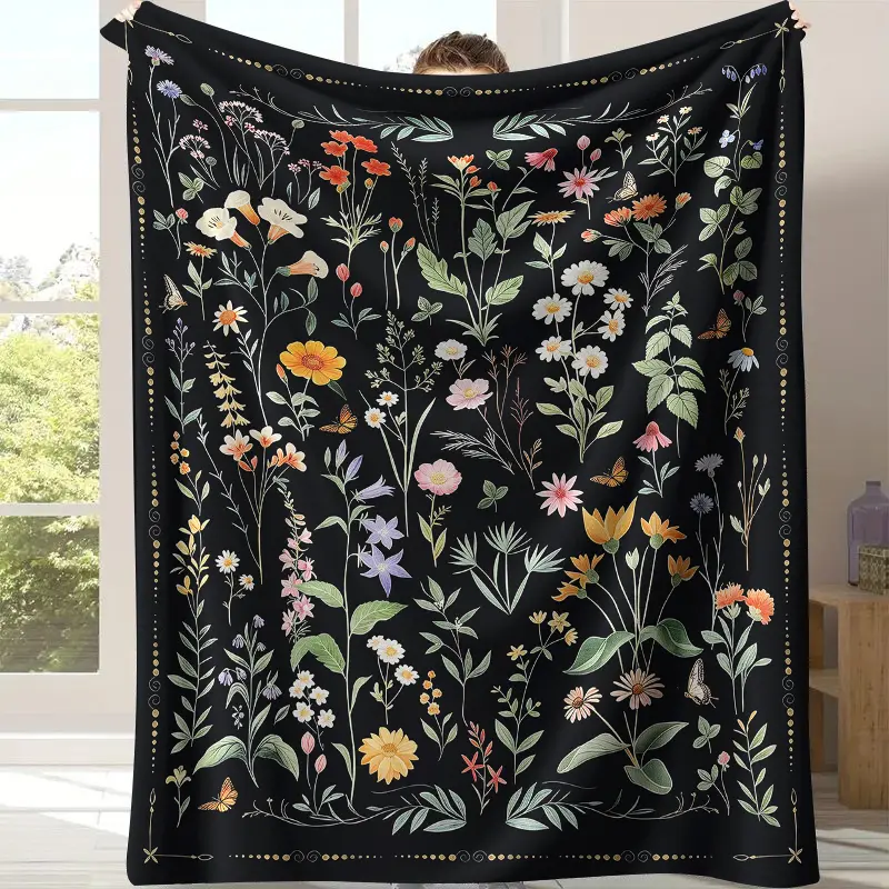Black Background Wildflower Butterfly Throw Blanket-Dark Cottagecore Floral Print Blanket,Cozy Soft Blanket with Colorful Wildflowers, Butterflies & Green Foliage, Perfect for Boho & Nature Lovers