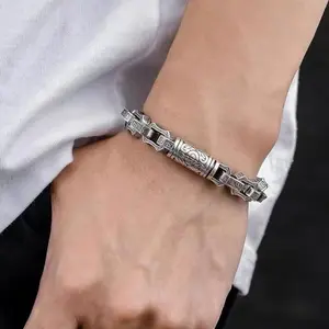 S925 Sterling Silver Retro Engraved Link Bracelet for Men, Vintage Totem Carved Bar Chain, Masculine Silver Jewelry for Daily Wear & Gifting