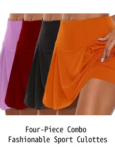 4-piece women tennis skirt set - black-purple-orange and wine-women set Casual Sporty Skort Breathable Skort