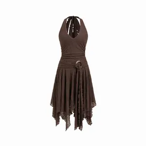 Cider Lace V-neck Wrap Metal Detail Hanky Hem Midi Dress