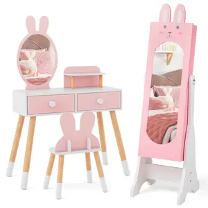 (High end and high-quality)Kids Pink Vanity Set Princess Makeup Dressing Table And Chair Set With Jewelry Armoire