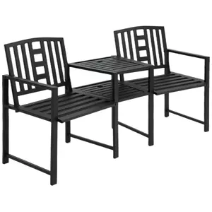 Outsunny Metal Garden Bench with Middle Table and Umbrella Hole, 2-in-1 Double Patio Chairs, Outdoor 2-person Tete-a-Tete, Slatted, Black