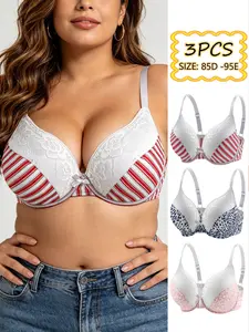 3pcs Plus Size Lace Patchwork Everyday Bra Set, Adjustable Straps, Steel Ring Lift Support, Casual Fashion, Medium Support, All Seasons, Underwear, Womenswear