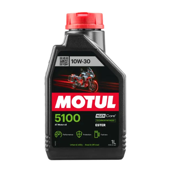 Motul 5100 4T 10W-30 Motorcycle Oil - Technosynthese Ester Semi-Synthetic - API SP JASO MA2 Wet Clutch Safe - 4 Stroke Street Dirt Bike ATV UTV Scooter - Smooth Shifting Engine Protection 4 L