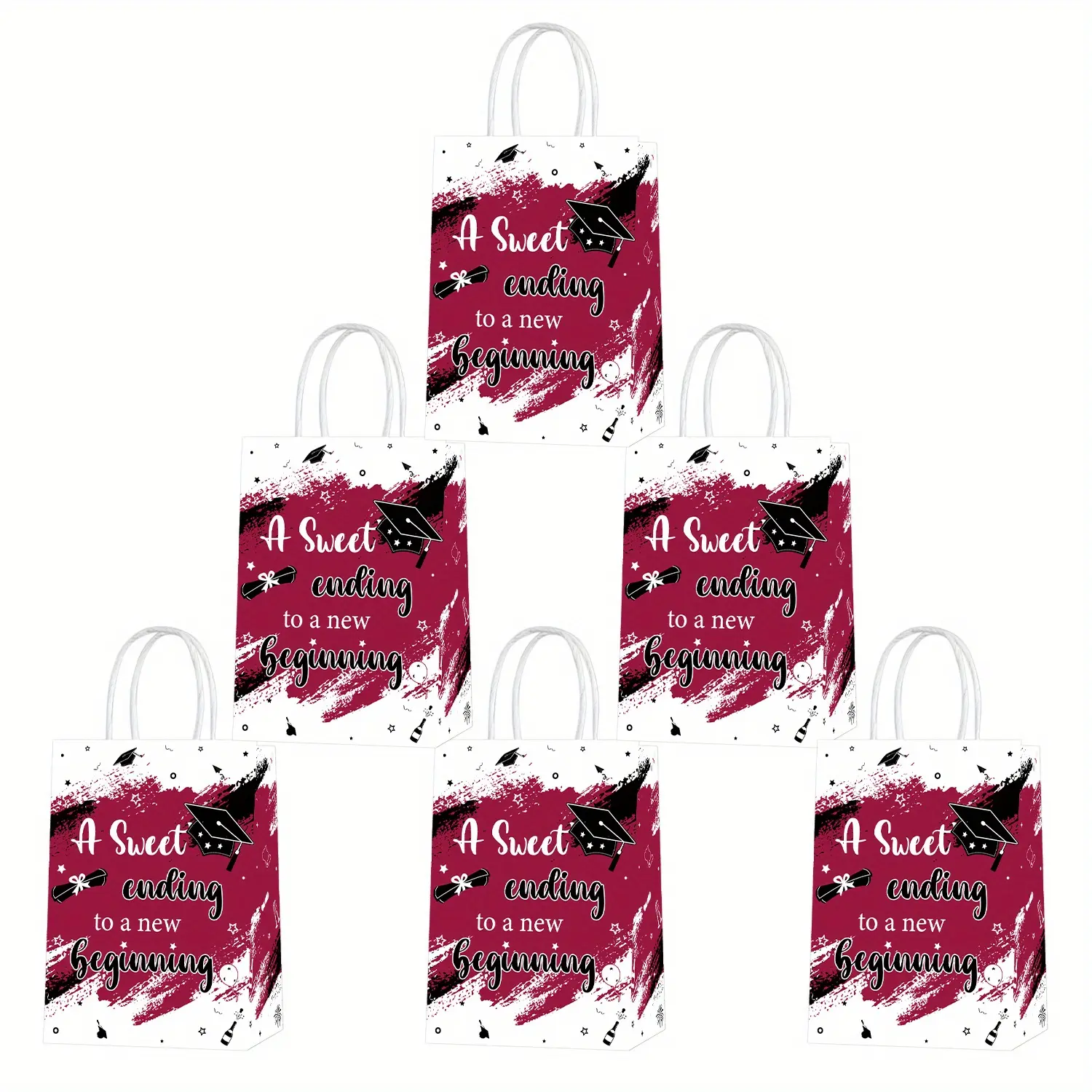 1Set Party Packs 6 Pcs Graduation Gift Bags Red Congrats Graduates Party Candy Treat Bags with Holder A Sweet Ending To A New Begining Bags for Graduation Party Decorations Supplies