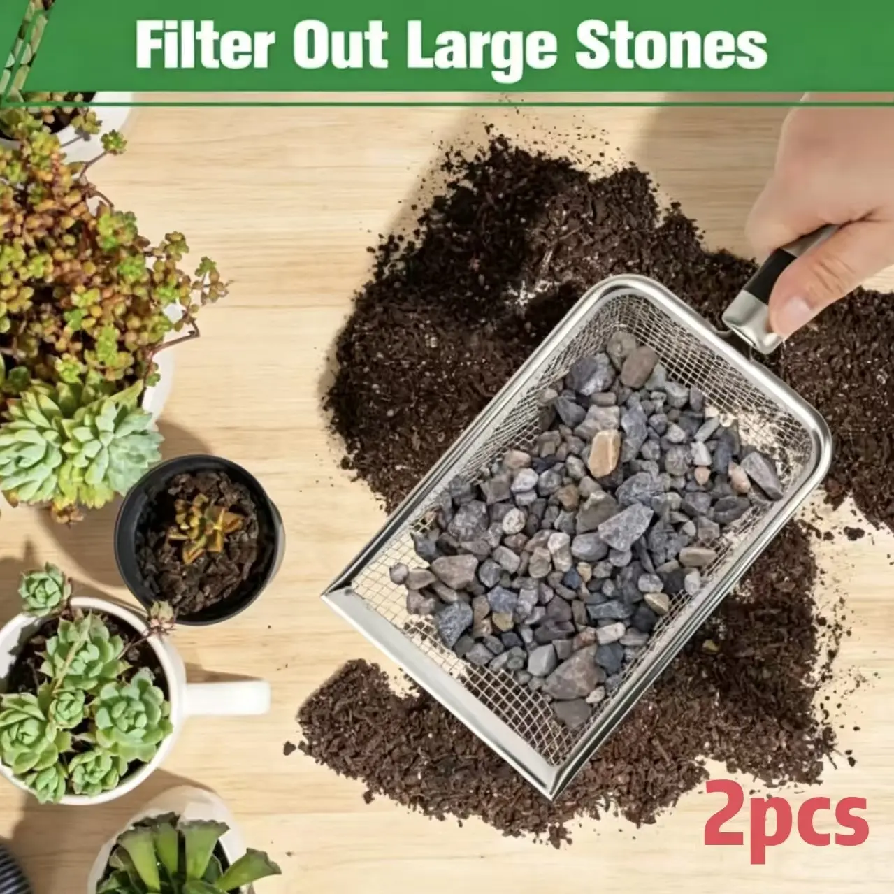 2-piece garden soil screen, stainless steel sand compost screen with handle, which can screen stones, yards, lawns and gardens, Garden Plant Supplies