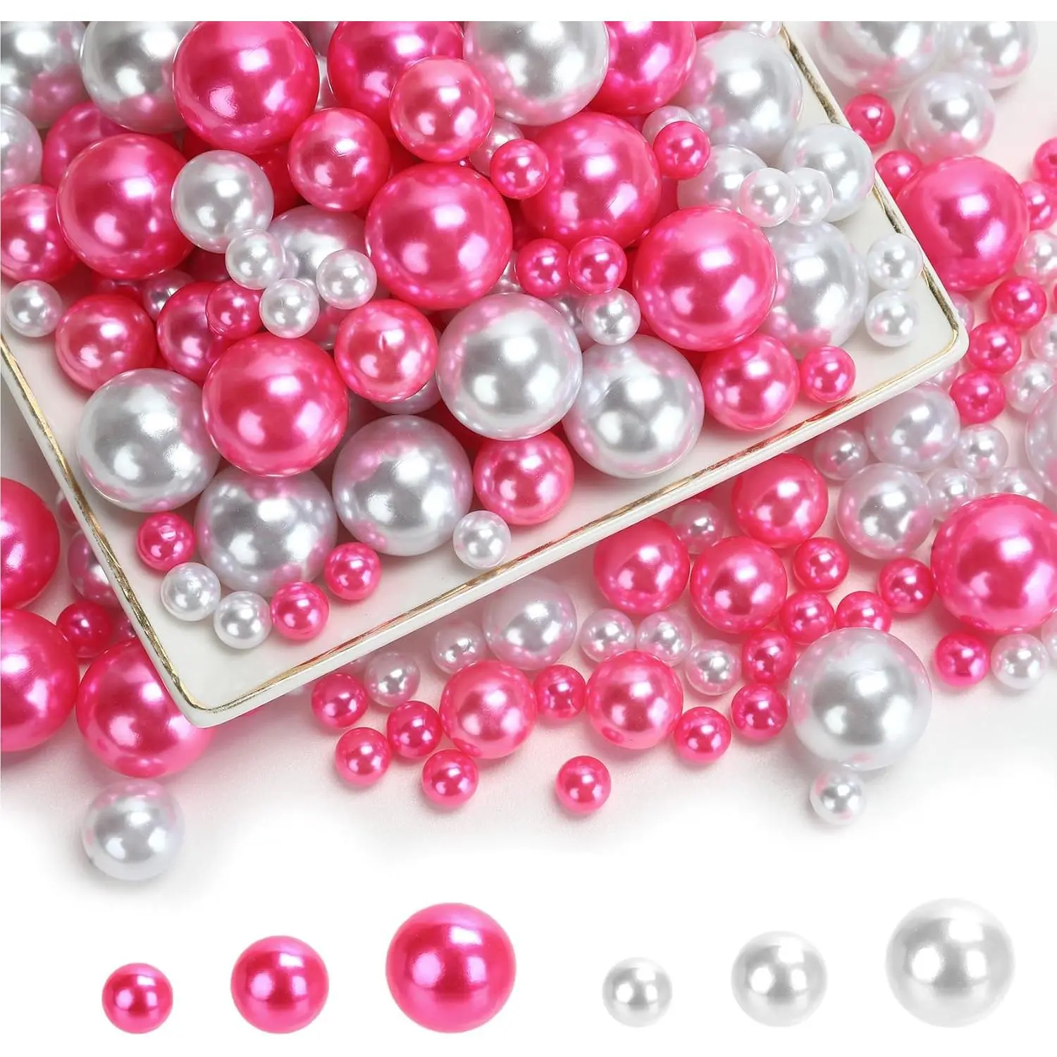300PCS No Hole Pearls for Vase Filler Beads, 8/14/20 mm Floating Pearls for Centerpieces Vases, Pink White Faux Pearl Round Foating Beads for Crafts Wedding Party Decor DIY Candles Centerpiece