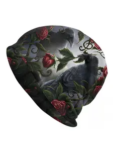 Fashionable Knitted Beanie Hat Featuring Ravens and Roses - Biihudu