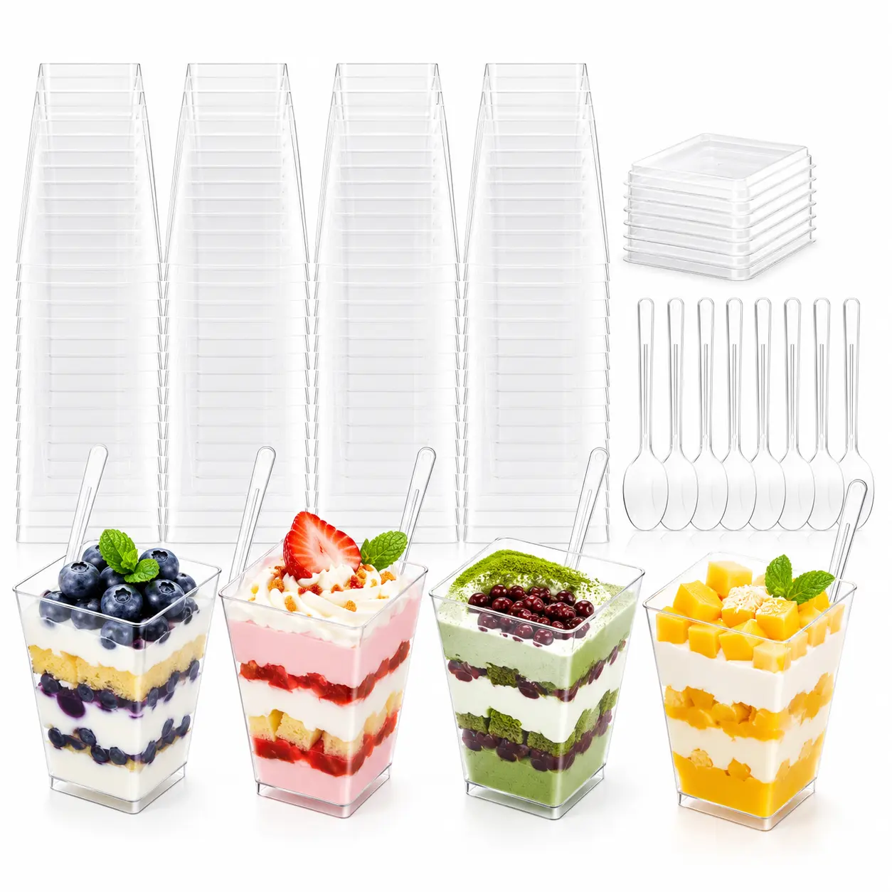 50 Pack 5oz Clear Dessert Cups with Lids and Spoons,150pcs Square Plastic Dessert Containers Set,Mini Parfait Cups for Yogurt,Pudding,Mousse,Fruit Cups,Cake,Ice Cream and Snacks,Individual Serving Cups for Birthday Party,Wedding,Bakery Display