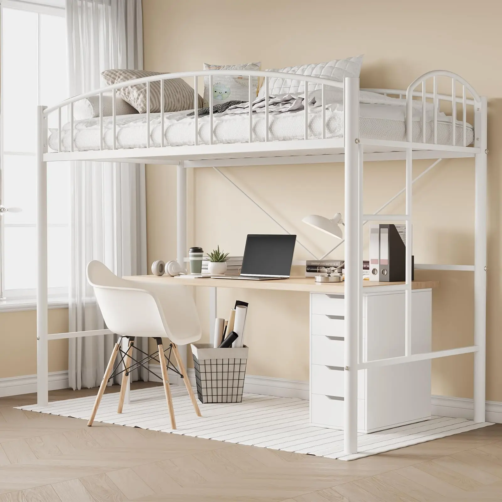 Twin Size Metal Loft Bed Frame with Desk, Ladder, Arched Rail, Sturdy Steel Slats Support, Space-Saving Indoor Bedroom Furniture, No Box Spring Needed, Silent for Quiet Experience, Assembly Required for Kids