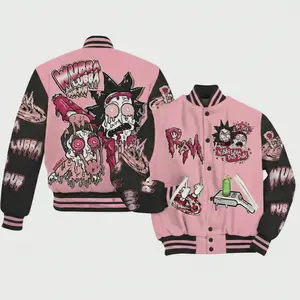 Riick And Mortyy Wubba Lubba Dub Dub Valentine Baseball Jacket, Trippy Cartoon Graphic Outerwear For Men Women, Psychedelic Art Print, Warm Winter Bomber Coat