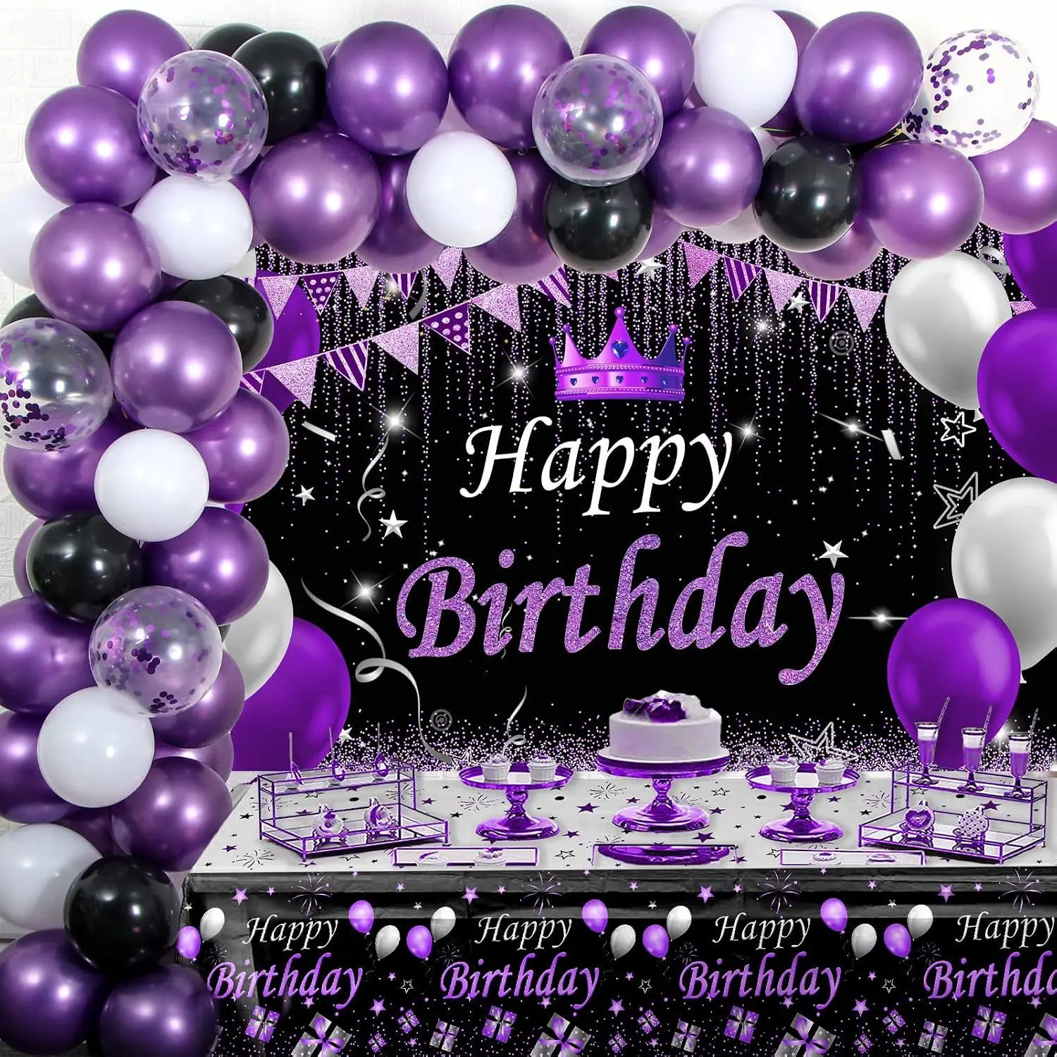 Purple And Black Party Decorations For Women, Purple Birthday Decorations For Girls Men With Purple Black Happy Birthday Backdrop Tablecloth Confetti Balloons Arch, Purple Party Supplies