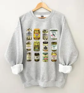 Vintage Canned Pickles Sweatshirt - Casual Long Sleeve Sweatshirt with Pickle Jar Design Homemade Pickles Theme Gray Athletic Style