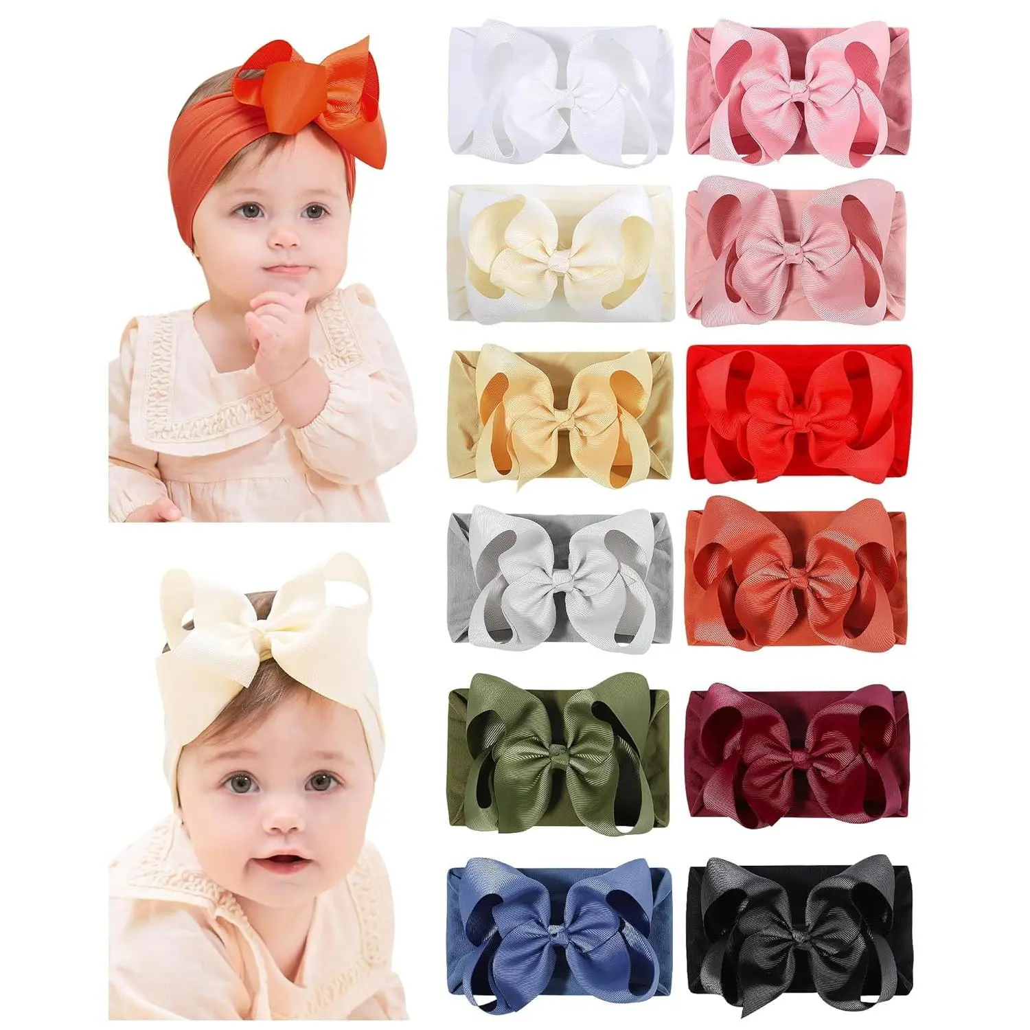 Baby Girl Headband - 12pcs Nylon Hair Accessories with Big Ribbon Bows, Soft Lightweight Headbands for Baby Girls Infant Newborn Toddler