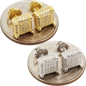 925 Sterling Silver 14k Gold Vermeil AAA Cubic Zirconia 7.5mm Square Screw Back Stud Earrings