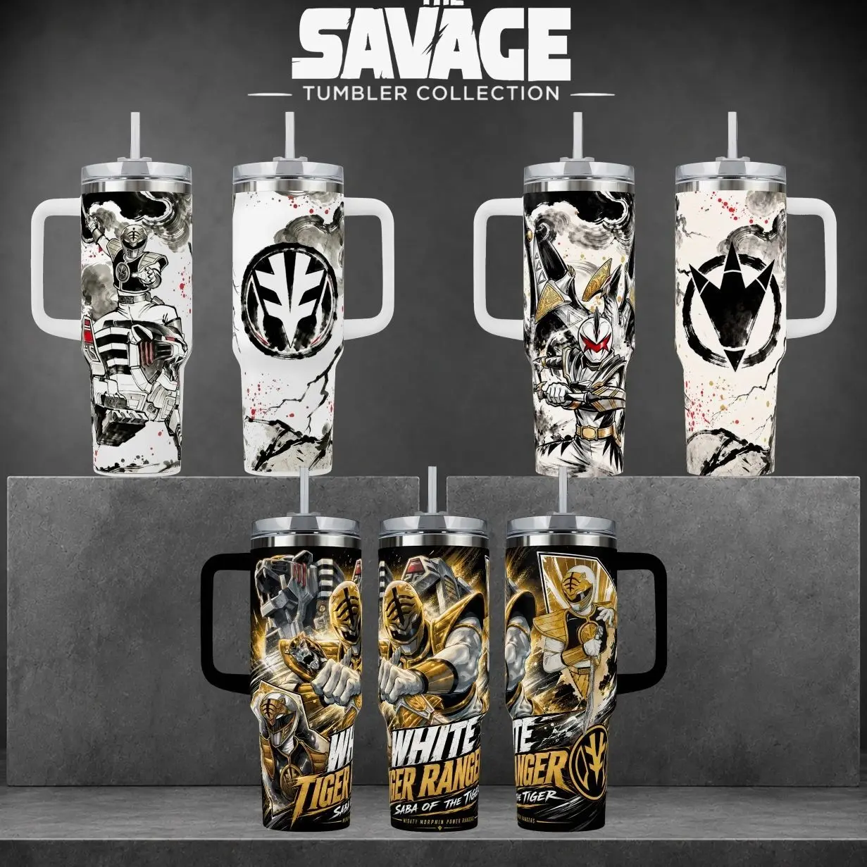 White Ranger Tigerzord Graphic Tumbler, Mighty Morphin 40oz Cup with Handle, Saba Sword Martial Arts 20oz Stainless Steel Travel Mug, 90s Nostalgia Hero Gift, White Ranger Inspired Insulated Tumbler