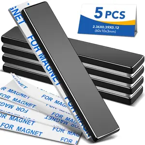 Neodymium Magnets, 5 Pack Black Super Strong Magnets Bar, Waterproof Heavy Duty Magnet with Adhesive Backing, Rare Earth Small Magnet Strips for Fridge, Craft, Science - 60x10x3 mm