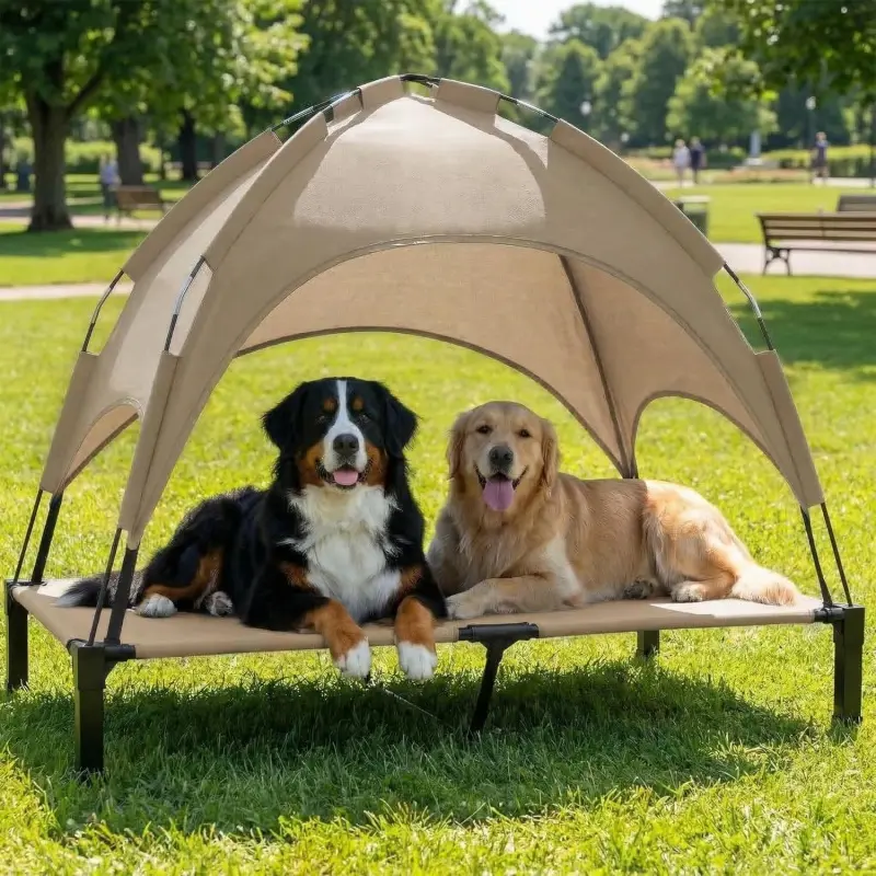 Elevated Dog Bed with Canopy Raised Pet Cot for Large Dogs, Outdoor Dog Cot with Removable Sun Shade Tent, Breathable Mesh Portable Dogs Cot for Camping, Beach, Backyard, Outdoor Use