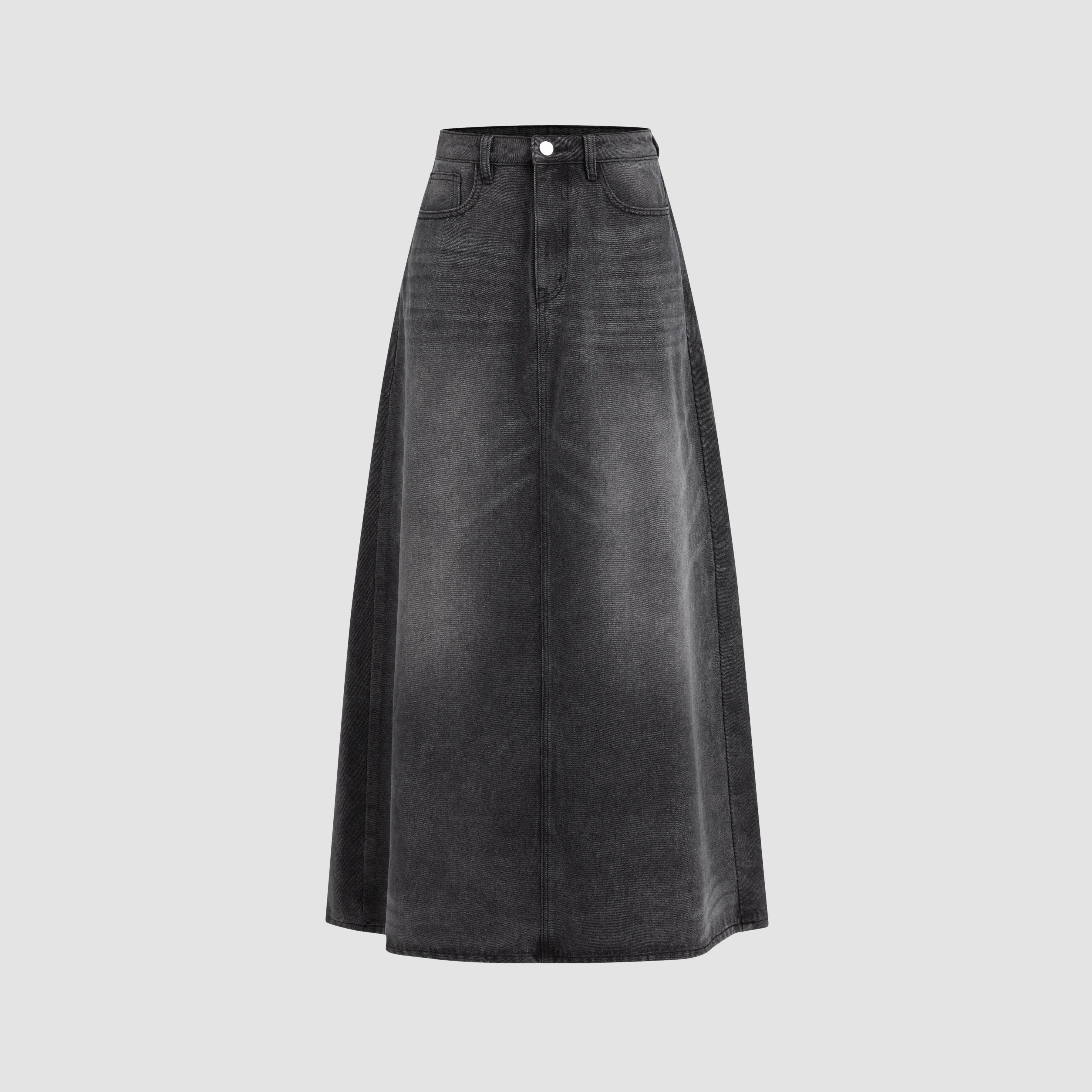Cider Lady's Basic Vintage Casual Mid-Waist Solid Denim Maxi Length Bottom Skirt with Pockets, 3 Colors, Sizes 0-26, Modal Cotton, Multi-Size