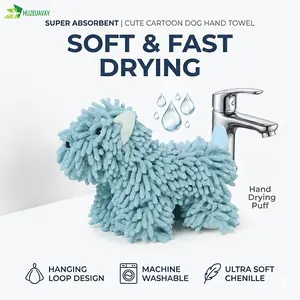 Chenille Cute Cartoon Dog Plush Fuzzy Ball Hand Towel, Super Absorbent Hanging Kitchen & Bathroom Towels, Soft Hand Drying Puff for Bath, Washstand