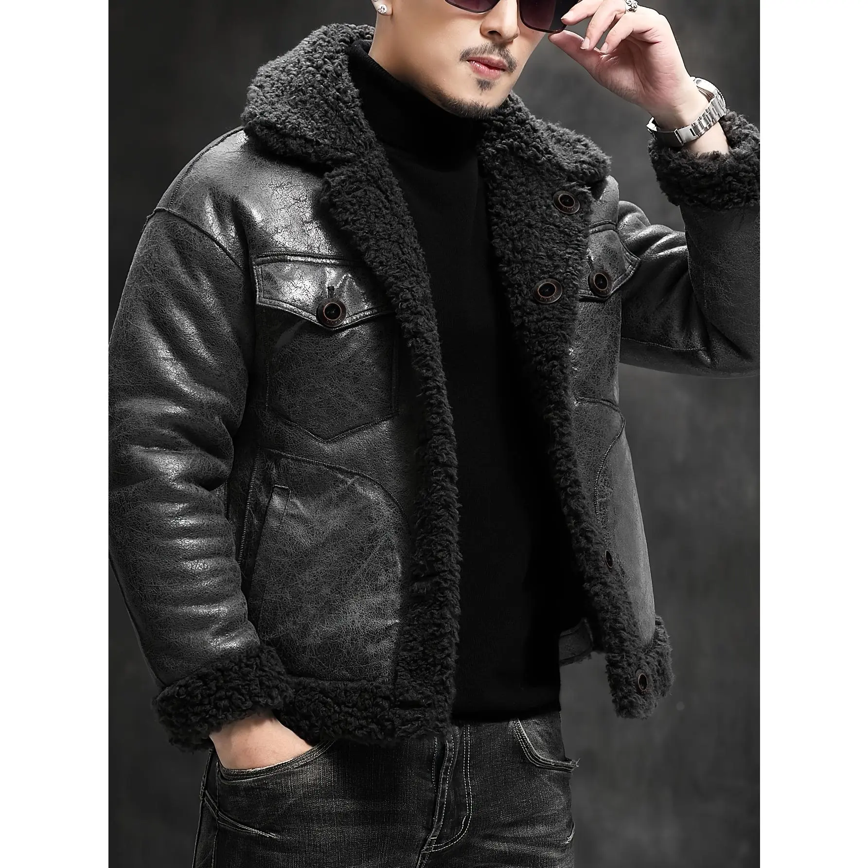 Men's Reversible Faux Fur and Wool-Blend Coat - Warm, Double-Sided Winter Jacket with Pockets & Button Closure, Stain-resistant, Budget-friendly, Thick Jacket