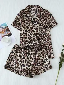 DREAMY BABE 2pcs Satin Satin Leopard Print Pajama Set, Cute Lapel Button Up Top And Bow Shorts, Women Sleepwear And Loungewear