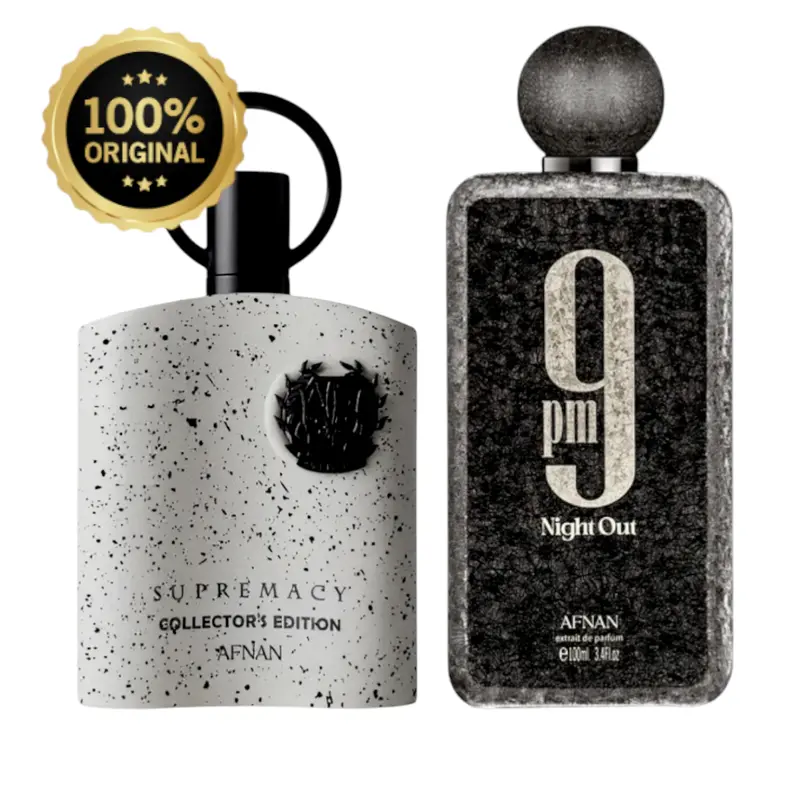 (Combo) Afnan 9 PM Night Out Unisex Extrait de Parfum 100ml (3.4 oz) & Supremacy Collector's Edition Liquid Men's Fragrance Spray Duo Set - Bold Fruit, Citrus-Woody Musk, Amber Vanilla Scents, High Impact, Long-Lasting Nighttime Use, Best of Both Worlds