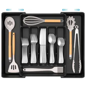 Extra Large Expandable Silverware Organizer, BPA-Free Food-Safe Cutlery Flatware Organizer, Kitchen Utensil Drawer Organizer, Adjustable Silverware Holder for Spoons Forks Knives, Black