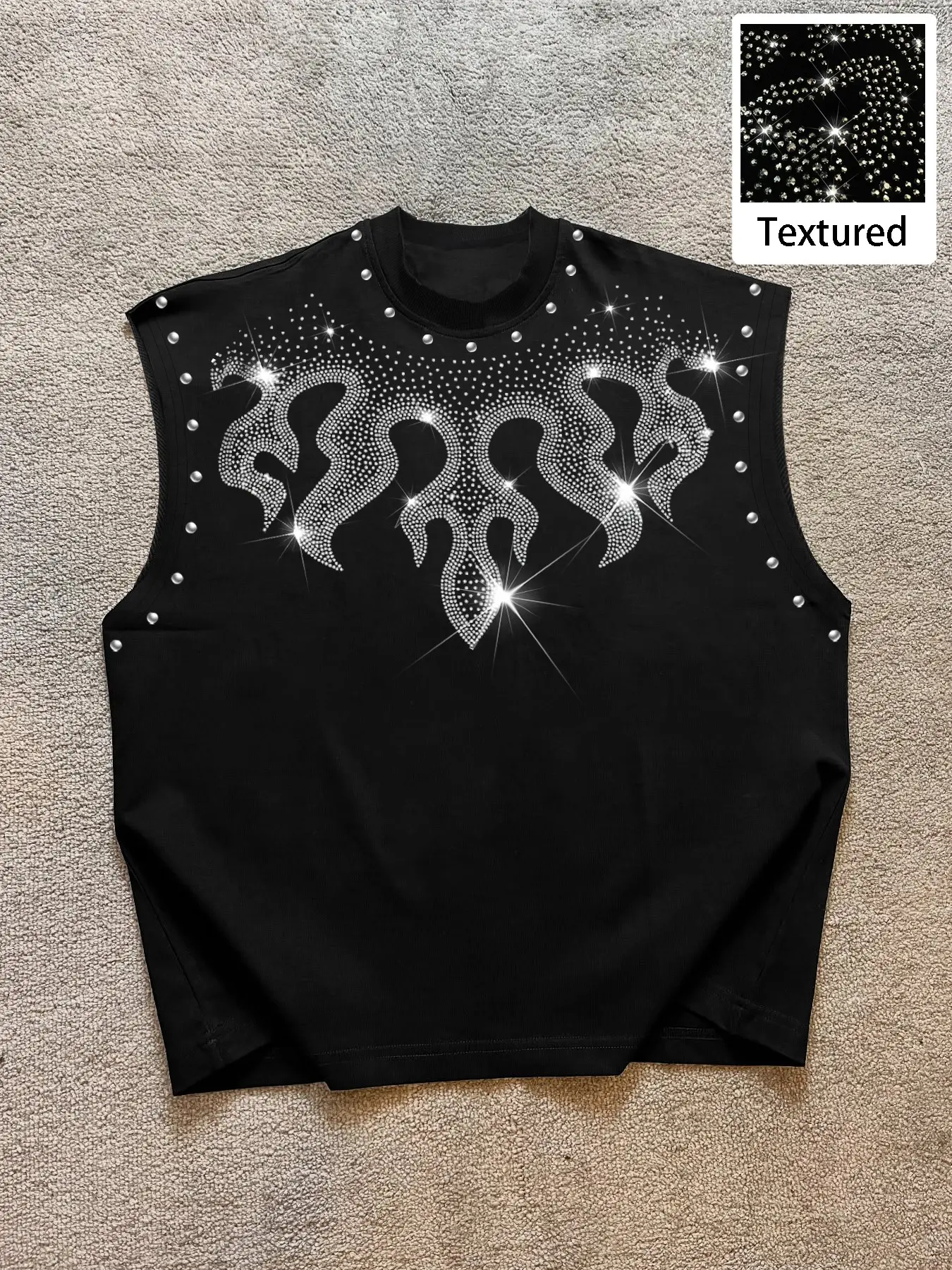 Men's Casual Flame Rhinestone Design Vest Top, Wide Shoulder Sleeveless Shirt, Fitted Long Clothing, Daily Wear, Menswear, Textured