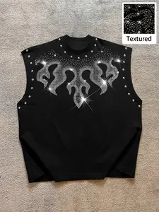 Men's Casual Flame Rhinestone Design Vest Top, Wide Shoulder Sleeveless Shirt, Fitted Long Clothing, Daily Wear, Menswear, Textured