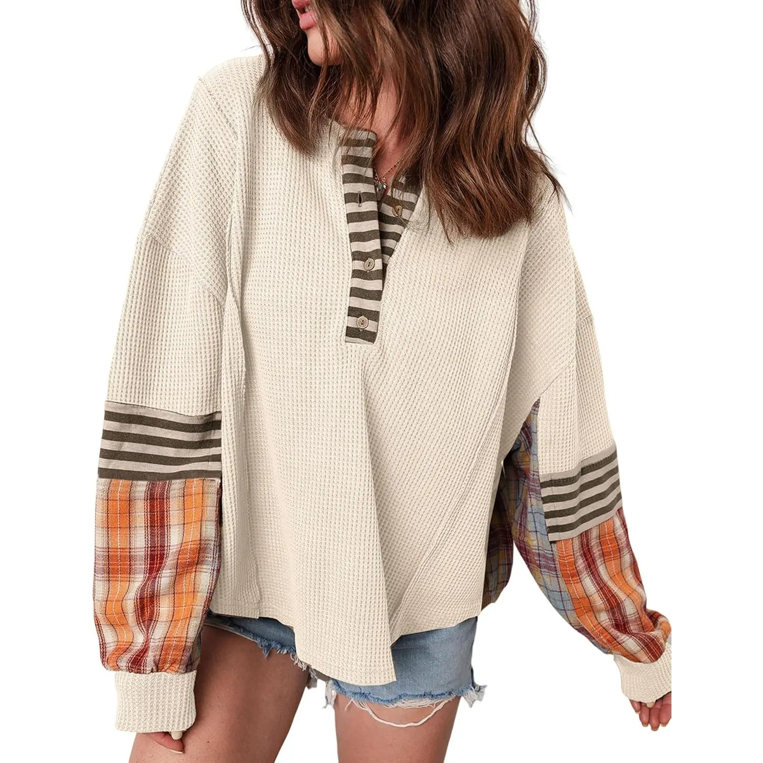 Women's Long Sleeve Henley Knit Sweatshirts - Vintage Chic Button-Front Waffle Stripe Plaid Patchwork Fabric Knitwear Casual Tops