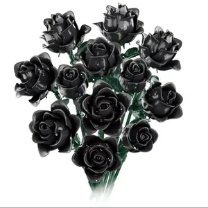 Black Rose Building Blocks, 12pcs/set Simulated Rose Flowers, Gothic Decoration Home Assembling Toys, Creative Building Blocks, Desktop Decorations, Fruit, Artificial Bouquet, Artificial Roses Bouquet