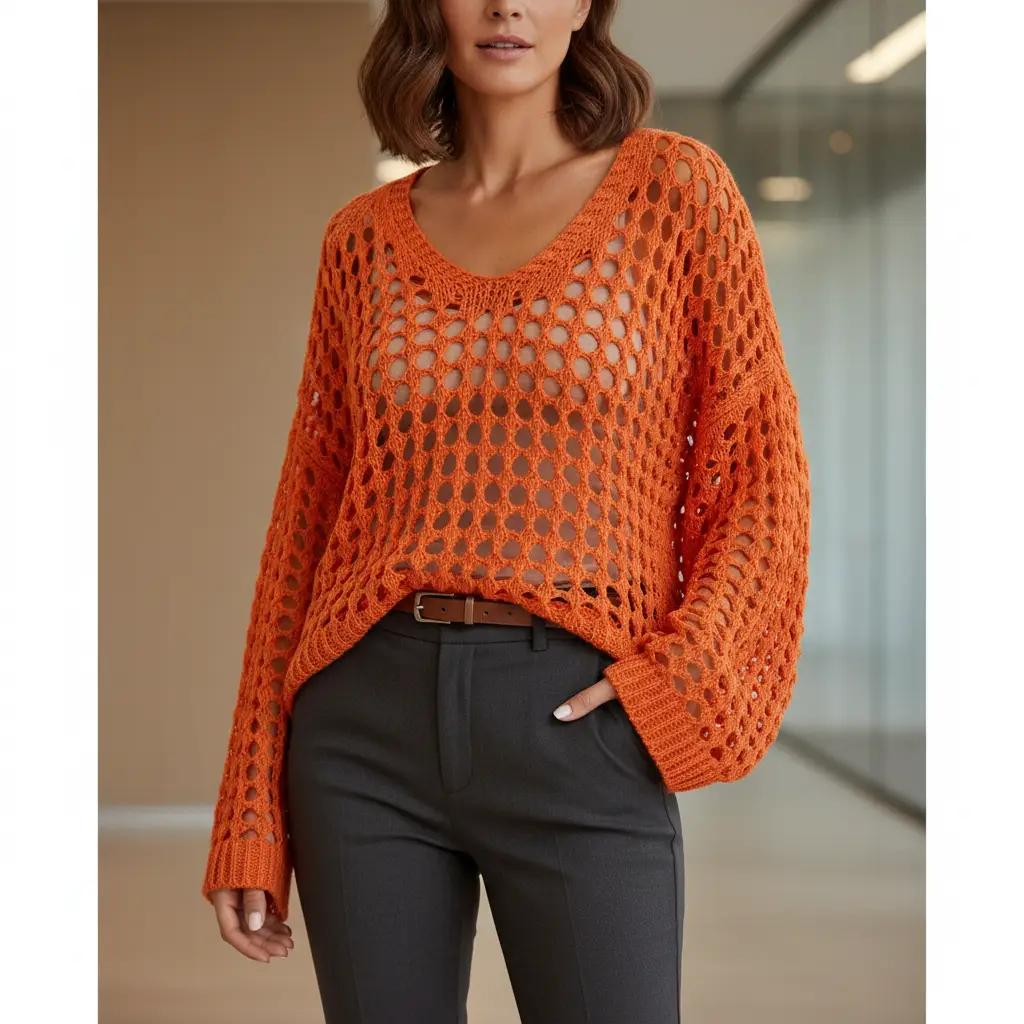 Women's casual everyday loose V-neck top, hollow-out design, polyester knit fabric, hand washable, suitable for all seasons, knit sweater