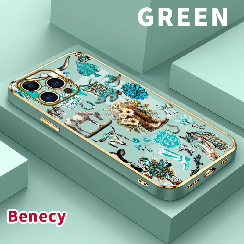 Luxury Electroplated TPU Protective Shockproof Cellphone Case, Classic Straight Design Ultra-Thin Soft Cover, Cowboy Cactus Caper Style for iPhone 11 12 13 14 15 16 17 Air Plus Pro Max (Mobile Phone Casing Accessories), Devices