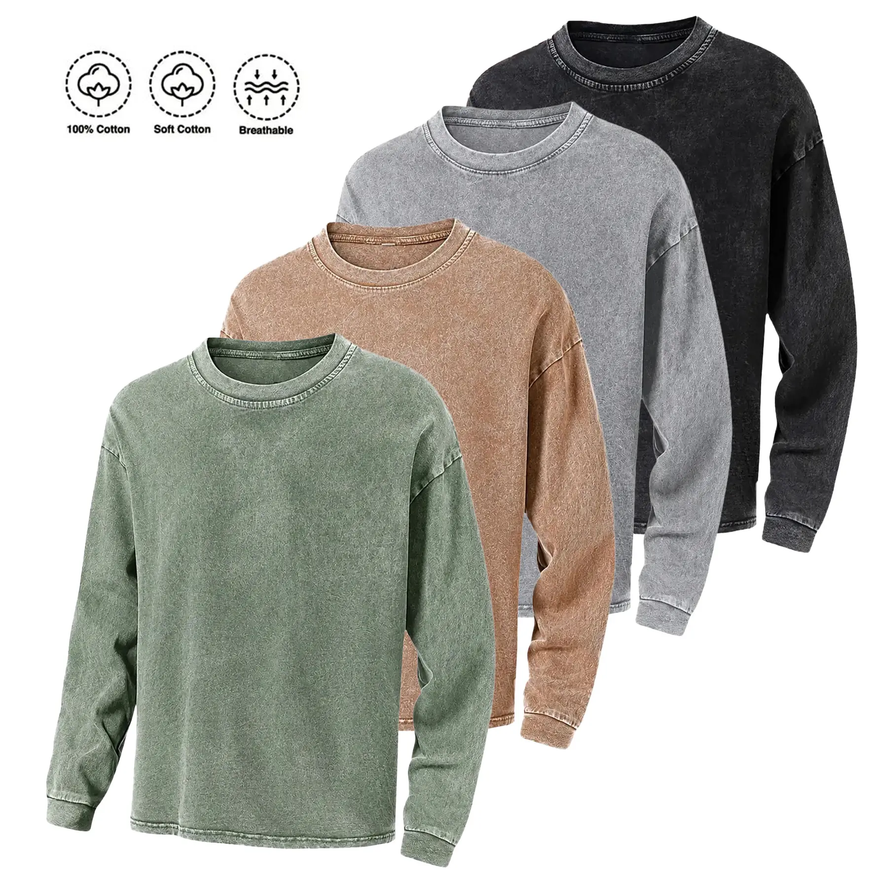 2-pack men’s -wash,  pure cotton casual athletic long-sleeve  with a small crew neck design; unisex—ideal gift for husband or wife; loose fit, suitable for all seasons. Acid Washed T-Shirts tshirts unisex gym vintage  Oversized wrinkle-resistant fabric Be