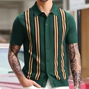 Mens Polo Shirts Vintage Striped Button Down Knitted Golf Shirts