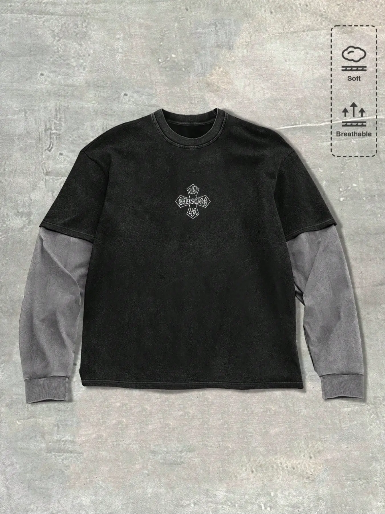 Street Style Casual Cotton Hoodie, Two-Piece Design with Cross Print, Block, Long Sleeve, Loose Fit, Fall & Winter