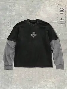 Street Style Casual Cotton Hoodie, Two-Piece Design with Cross Print, Block, Long Sleeve, Loose Fit, Fall & Winter