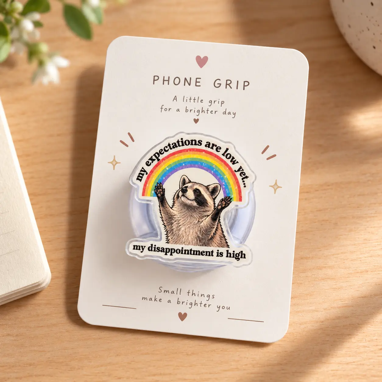 Funny Raccoon Phone Grip, Cute Animal Kindle Grip, Acrylic Phone Holder, Rainbow Raccoon Grip, Sarcastic Quote Phone Accessory, Gift for Raccoon Lovers