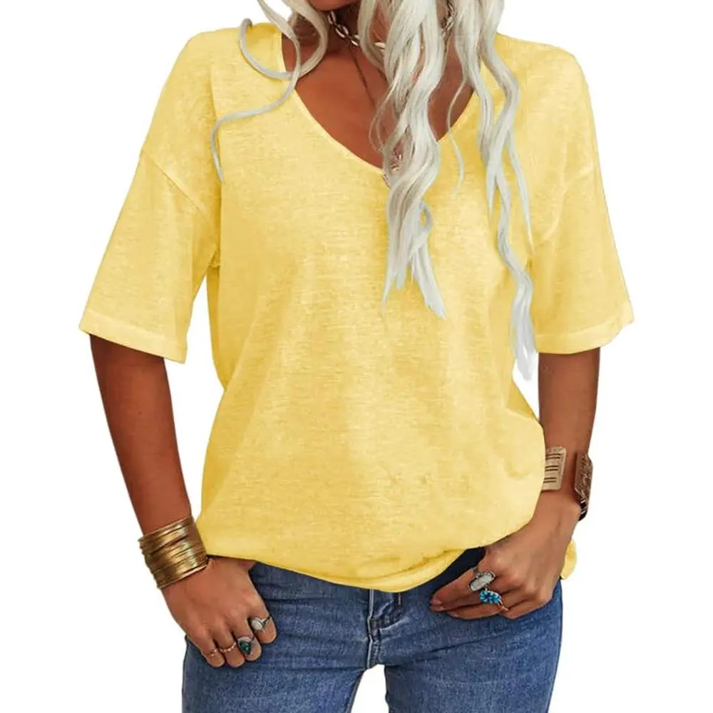 Imily Bela Essentials Women Fashion V-Neck Half Sleeves Oversized T Shirt Solid Casual Loose Basic Tops