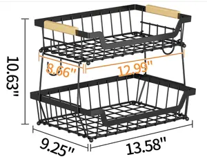 GILLAS 2 Tier Countertop Fruit Basket with 2 Banana Hangers for Kitchen, Detachable Metal Organizer for Bread Vegetable Fruits with Wooden Handle, Large Capacity Rectangular Storage Stand Bowls, Black