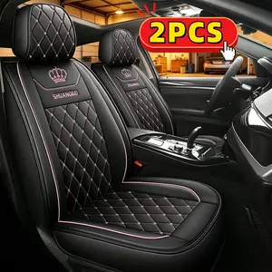 2PCS Luxury Crown Waterproof PU Leather Car Seat Covers - Universal Automotive Seat Protection Accessory for Most Cars, SUVs
