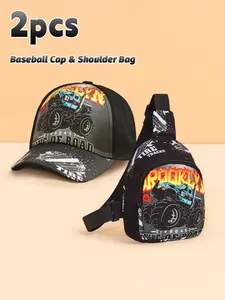 2PCS Kids Off-Road Vehicle Print Baseball Cap & Chest Bag Set, Cool Eye-Catching Sports Outfit Set, Large Capacity Sling Bag with Adjustable Strap, Suitable for Boys Aged 3-6 for Short Trips, Hiking, Fishing & School Commute