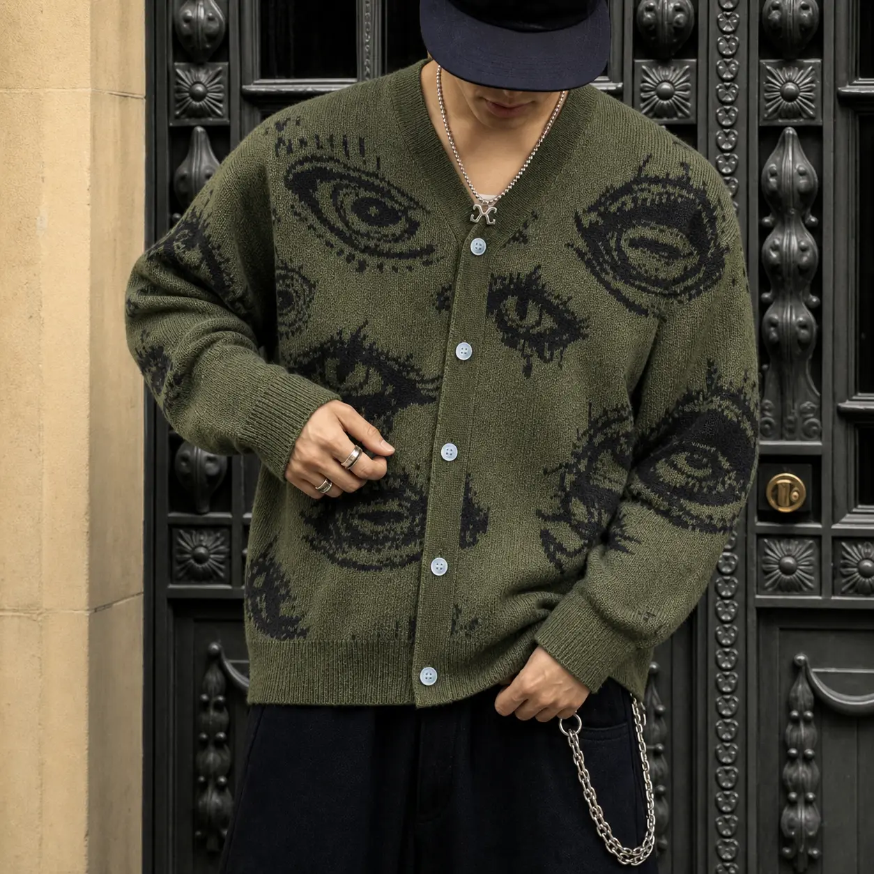2026 #SummerVibes Fashion New Creative Retro Big Eyes Pattern Design Buttoned Cardigan Long Sleeve Skin-Friendly Versatile Unisex Polyester Knit Sweater, Tops, Knitting