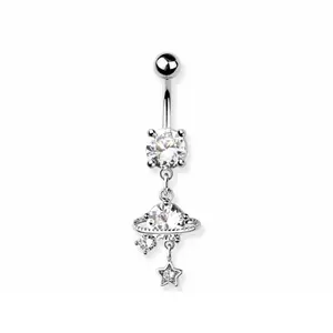 CZ Crystal Planet with Dangling Star Belly Button Ring - 316L Stainless Steel