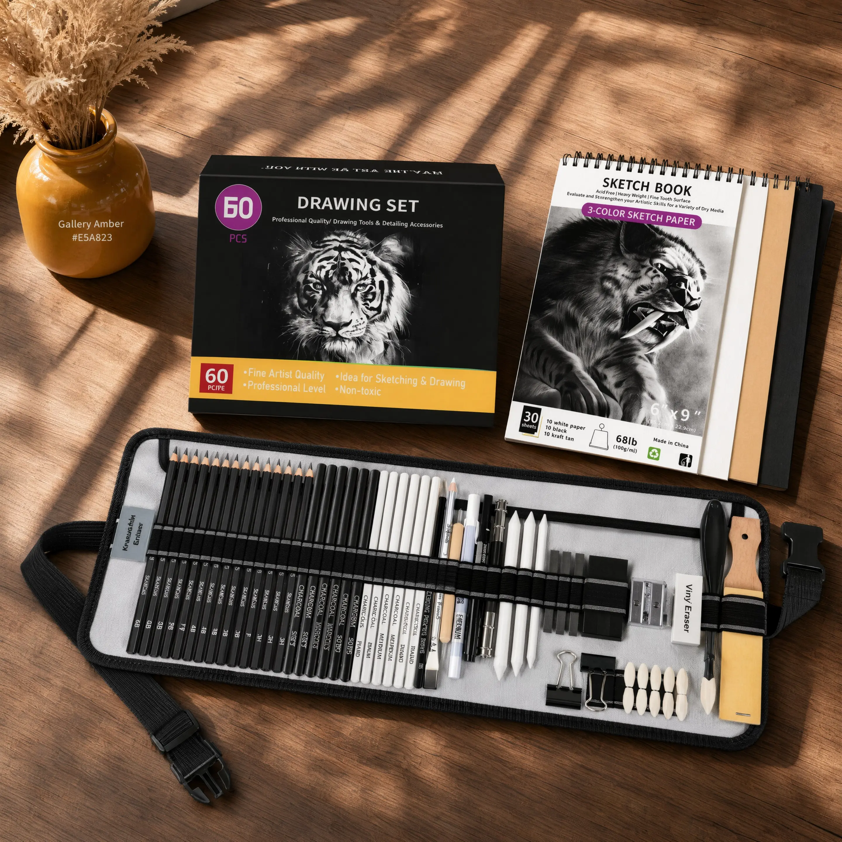 60 Pack Drawing Set Sketch Kit, Sketching Supplies with 3-Color Sketchbook, Graphite, and Charcoal Pencils, Pro Art Drawing Kit for Artists Adults, Ideal for Shading, Blending