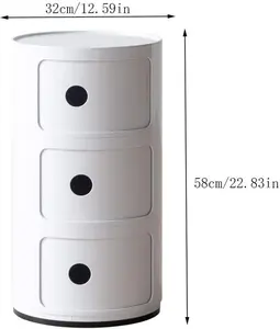 Side Table, Round Bedside Cabinet, 3 Tier Drawer Plastic Storage Unit, Modular Sliding Door Nightstand for Bedroom/Bathroom/Office, Easy Assembly