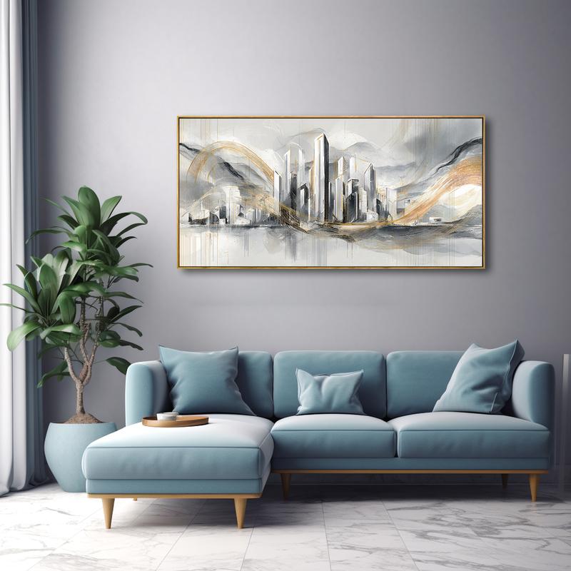 Modern Luxury Upgrade - 20x40 Inch Gold - Accent Wall Art - Solid Wood Frame, Abstract Cityscape with Metallic Gold Swirls Elevates Contemporary Interiors, Perfect for 20x40 Homes Seeking Sophisticated Glamour
