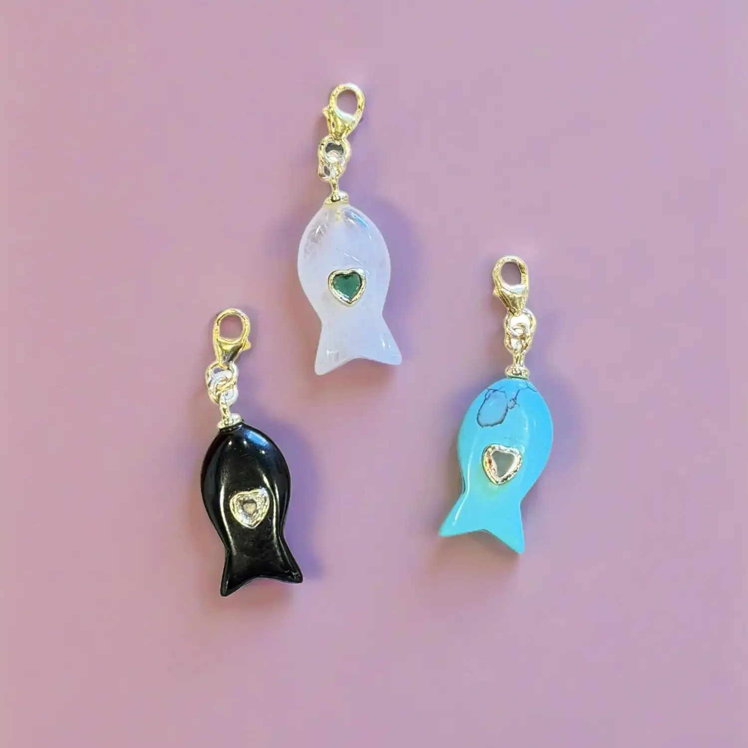 Protect Your Peace Jade Fish Charms - Fish Shaped Charms with Colored CZ in Center